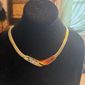 Vintage 90s thick gold tone, herringbone statement necklace w abstract station